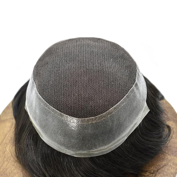 FACE MIRACLE Toupee for Men French Lace Hairpiece Human Hair Replacement System Skin PU Mens Toupee Hair Wigs for Man V-Looped Front Hair Prosthesis 6"X9" 1#JET BLACK