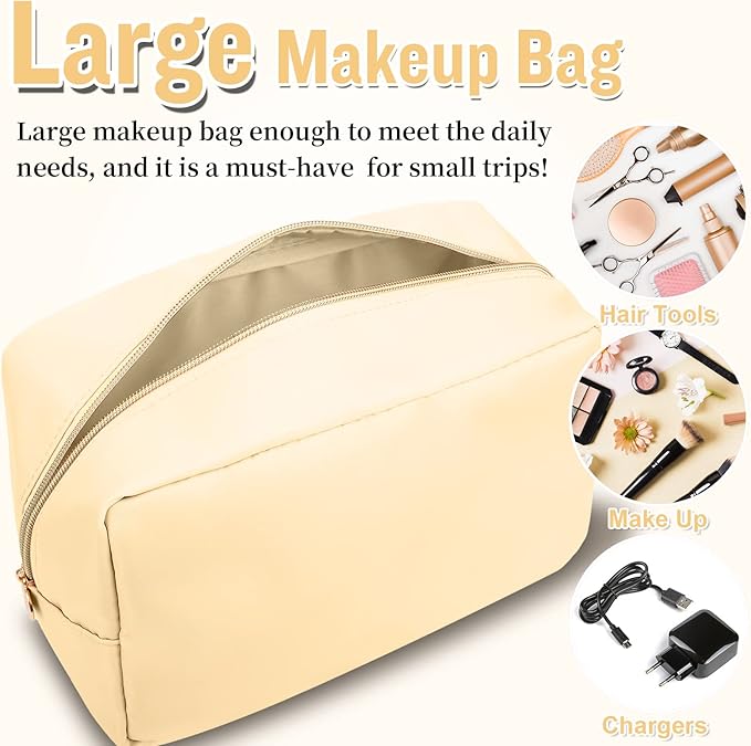 Nylon Large Makeup Bag Travel Pouch for Women, Preppy Big Makeup Bag Cute Cosmetic Zipper Pouch Purse, DIY Chenille Letter Bag Waterproof Toiletry Bag Clutch Makeup Organizer for Girls (Beige)