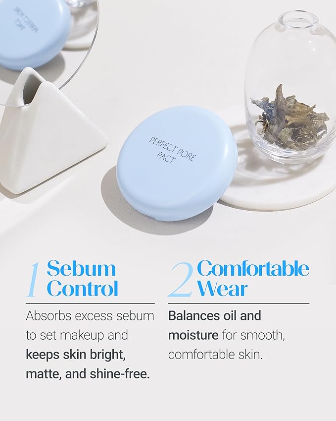 THESAEM Saemmul Perfect Pore Pact - Sebum Control Makeup Pressed Powder Pact, Pore Minimization, Plant-Based Setting Finishing Powder to Absorb Sweat and Prevent Clumps, with Mirror & Puff 12g, 2 Pack