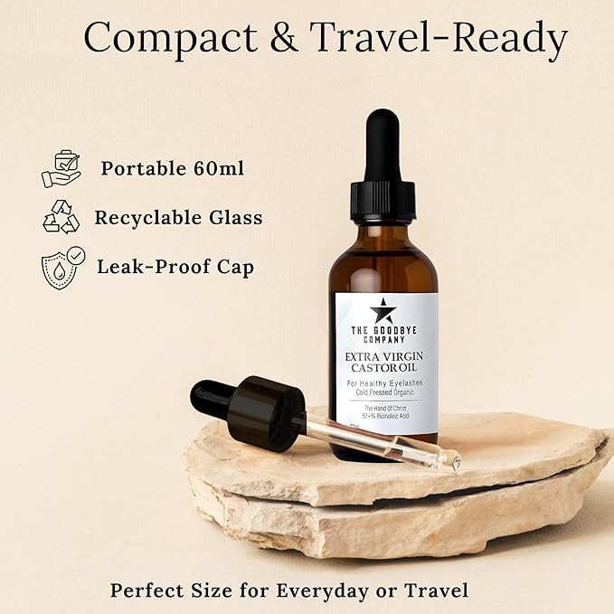 The Goodbye Company Organic Castor Oil - 100% Pure Extra Virgin Cold Pressed Unrefined for Luscious Hair Growth, Thicker Eyelashes & Radiant Skin - Deeply Moisturizing & Detoxifying (60ml)