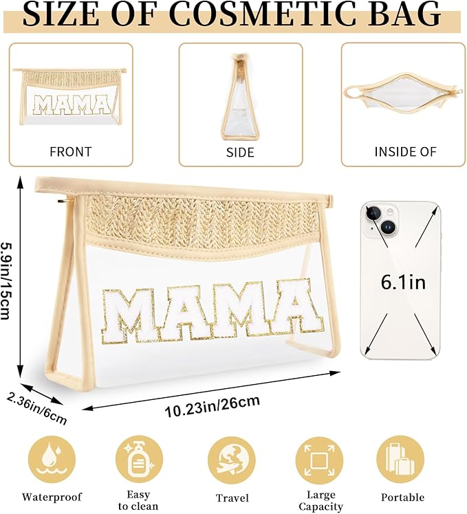 Small Boho Straw Clear Mama Makeup Bags for Women&Girls, Zipper Cosmetic Bag Chenille Varsity Letter Patch Bag, Preppy Cute Toiletry Pouch, Trendy Organizer Storage Bag for Beach Travel Essentials