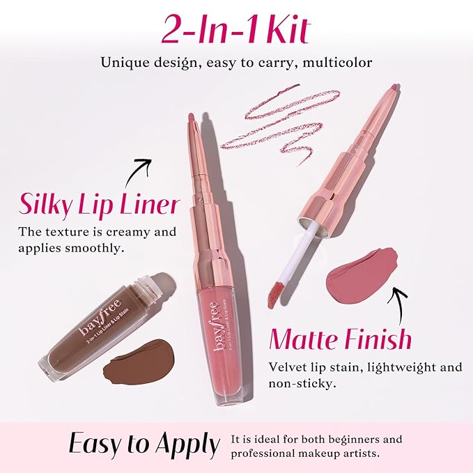 bayfree 2 PCS Lip Liner and Lip Stain Combo Set, High Pigmented Long Lasting Velvet Lip Tint, Well-Defined Lipliner, Weightless Waterproof Not Animal Tested, Matte Finish Makeup