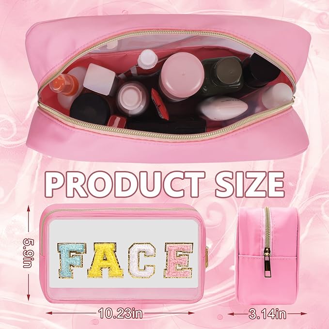 Iqimott Clear Patch Makeup Bag Face Pouch, Preppy Personalized Chenille Letter Cosmetic Pouch for Travel, Nylon Waterproof Organizer Travel Essentials Zipper Toiletry Bags for Women Girls(Pink)