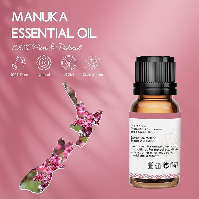 100% Pure Manuka Essential Oil 0.34 Fl Oz, Therapeutic Grade Manuka Oil in Amber Glass Bottle with Dropper for Diffuser Massage Skin Care