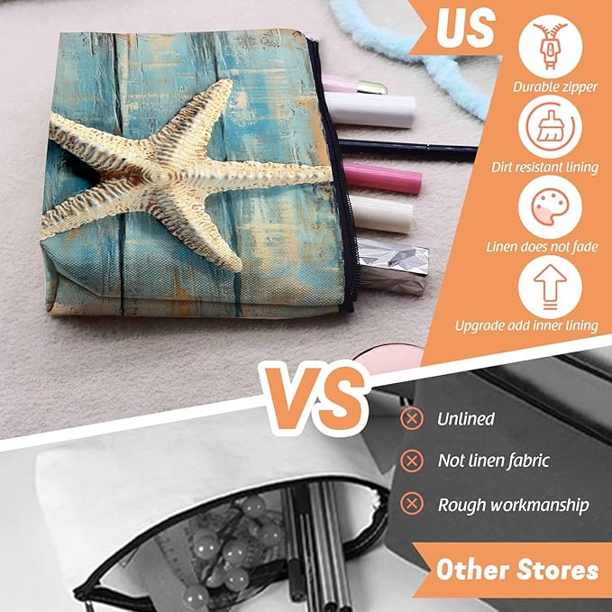 Cosmetic Bags Travel Makeup Toilet Case Waterproof Pouch for Women Girls 6.7X9.45inches - Starfish on A Weathered Blue Wooden Board