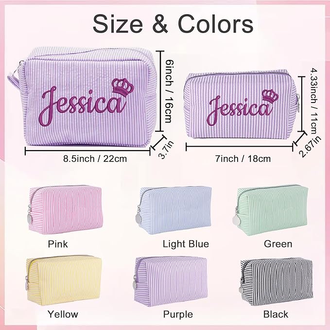 Personalized Seersucker Makeup Bag with Embroidered Name&Birth Flower,Custom Small Travel Cosmetic Bag Toiletry Bag Wedding Gifts for Bridesmaid Bride (4-Makeup Bag with Crown)