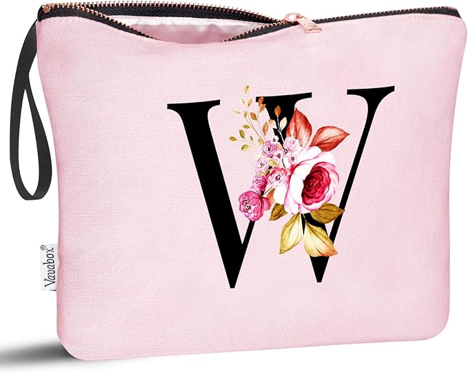 Vavabox A-Z Personalized Makeup Bag, Birthday Gifts for Women Mom, Gifts for Best Friend, Bride Bridesmaid Cosmetic bag (W, Pink)