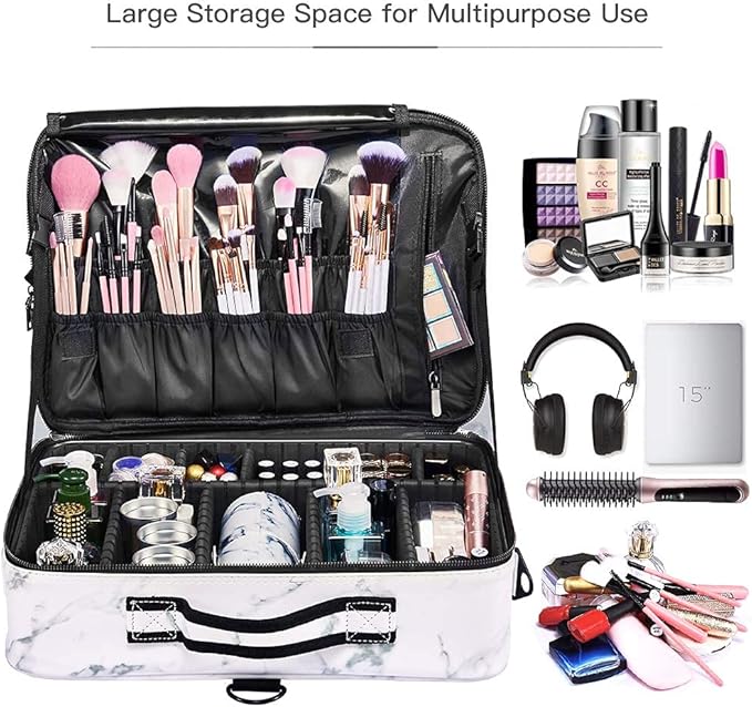 Travel Makeup Bag 3 Layers PU Leather Large Makeup Train Case Professional Cosmetic Bag Organizer Storage Artist Bag with Adjustable Strap Marble Pattern