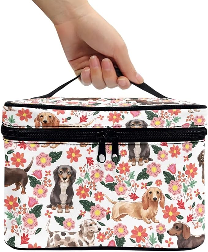 JoyLamoria Dachshund Rose Cosmetic Bag Outdoor Travel Makeup Bag Cute Cosmetic Wallet Coin Purse