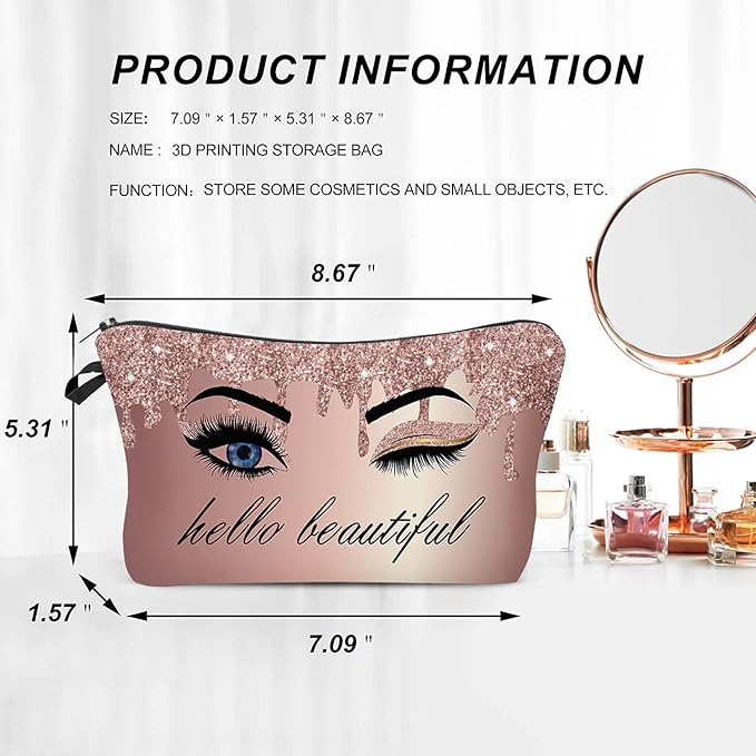 Hello Beautiful Makeup Bag for Purse Eyelash Pink Cosmetic Bags for Women Inspirational Gift Small Funny Cosmetics Glitters Eyeshadows Travel Bag Cases for Toiletries Accessories Organizer