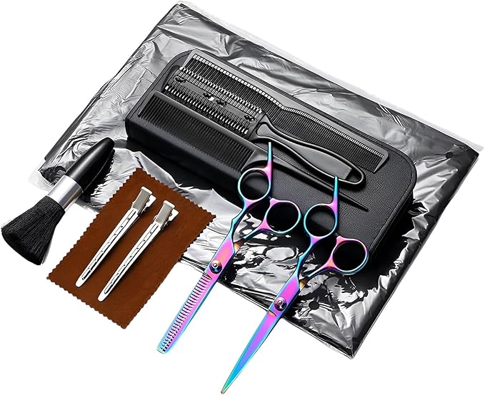 Hair Cutting Scissors Kit 11PCS, Professional Haircut Scissors with Japanese Stainless Steel Shears, Thinning Shears, Haircut Accessories in Leather Case for Salon/Home (Rainbow)