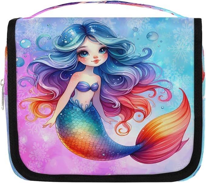 Travel Toiletry Bag for Women & Men Mermaid Rainbow Snowflake Hanging Cosmetic Organizer Portable Waterproof Makeup Case Make Up Bag with Compartments Travel Essentials for Bathroom Shower