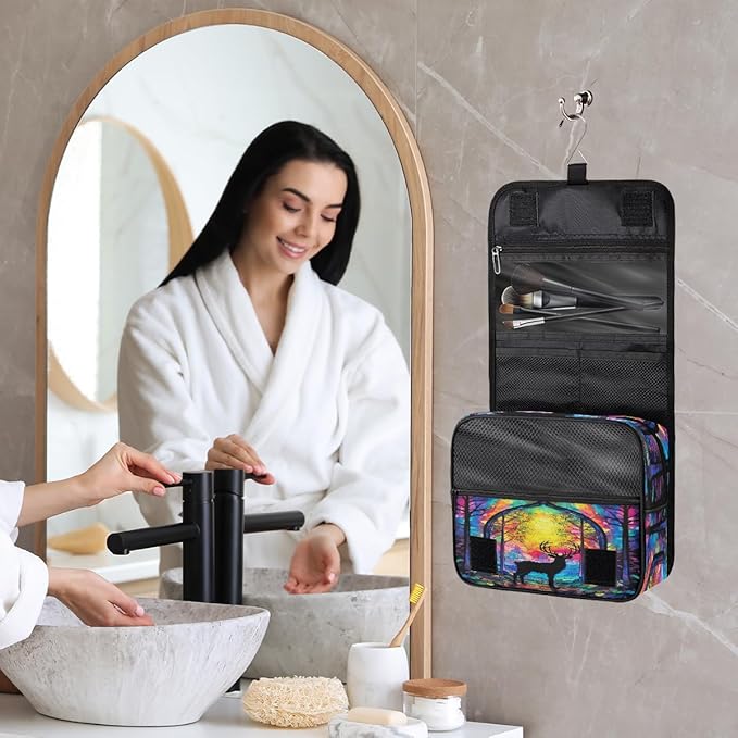 Travel Toiletry Bag for Women & Men Animal Colorful Deer Hanging Cosmetic Organizer Portable Waterproof Makeup Case Make Up Bag with Compartments Travel Essentials for Bathroom Shower