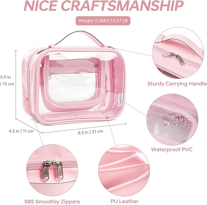 GEMIU Clear Makeup Bag Toiletry Bag for Women 4 Compartments Travel Cosmetic Case Large Capacity Waterproof Skincare Pouch Organizers with Zippe Deep Pink