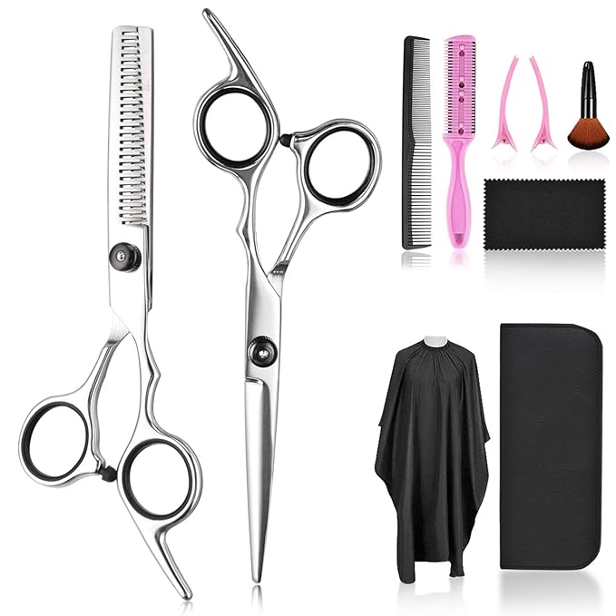 Fcysy Professional 10 Pcs Sharp Barber Hair Cutting Kit - Thinning Shears Set, Haircut Scissors & Hairdressing Shears with Accessories in Leather Case for Women, Men & Pet