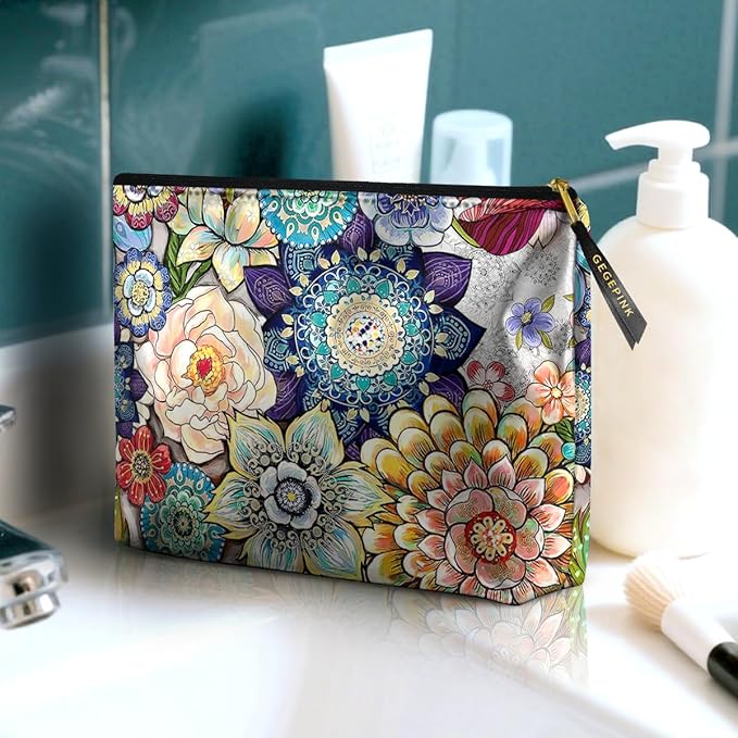 Cute Makeup Bag for Purse Waterproof Cosmetic Bags for Women Funny Smooth Zipper Travel Toiletry Pouch 10X8 Inches-Boho Floral Makeup pouch
