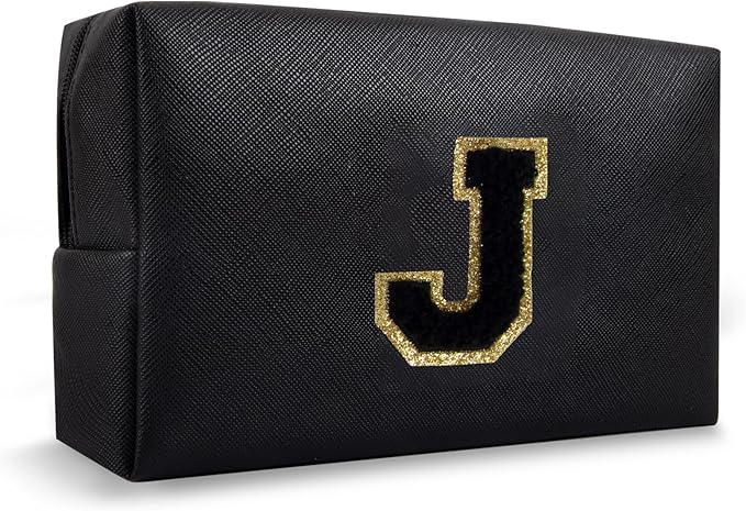 Personalized Preppy Small Travel Makeup Bag, Initial Cute Chenille Letter Black Makeup Case Cosmetic Pouch Toiletry Organizer, PU Leather Waterproof Make Up Storage Preppy Stuff for Women(Letter J)