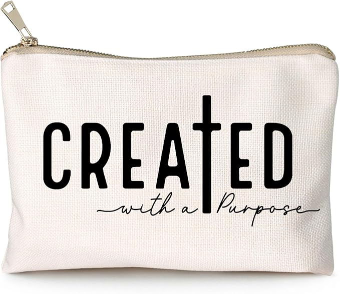 Created With a Purpose Women Makeup Bag Christian Decor Self Love Gift Toiletry Bag Religious Faith Cosmetic Pouch Linen Cotton Inspirational Multi-Purpose Bag Gift
