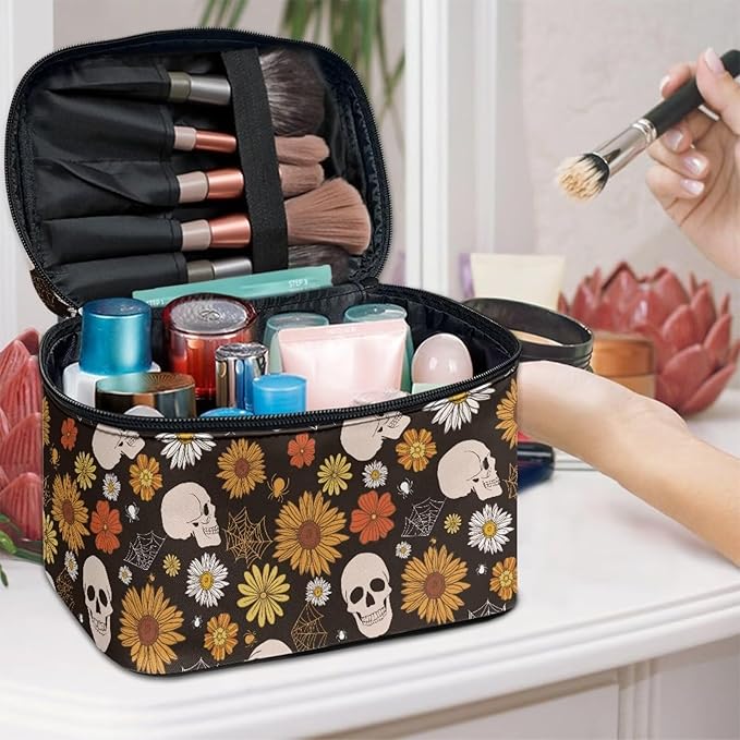 Gothic Skull Daisy Floral Pattern Travel Makeup Bag for Women Large Capacity Cosmetic Bags with Zipper and Handle Make Up Tote Bags Organizer Portable Toiletry Bags