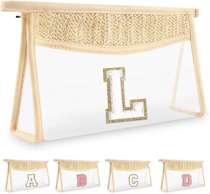 Personalized Initial Letter Bag Boho Straw Clear Makeup Bag,Small Cute Chenille Varsity Letter Bag With Zipper,Beach Travel Toiletry Bag,Portable Monogrammed Cosmetic Bag for Women Girls,L