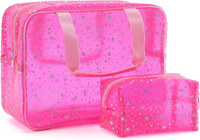 Yaopeing 2Pcs PVC Clear Makeup Bag Organizer for Women,Star Transparent Cosmetic Case Travel Toiletry Pouch with Zipper,Large Make Up Purse for Daily Accessory,Pink