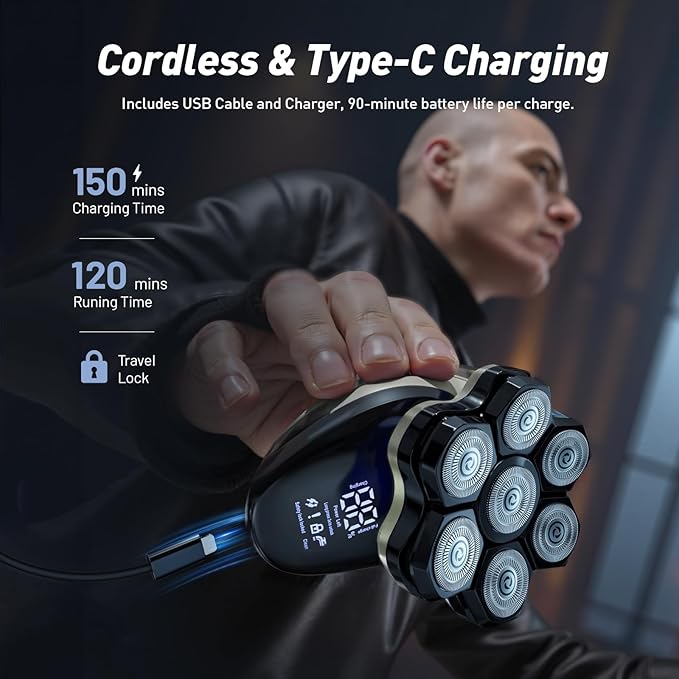 Head Shavers for Bald Men: 7D Detachable Electric Razor - IPX6 Waterproof Wet Dry Rotary Shavers - LED Display Rechargeable Head Shaving with Fast Charging, Gray