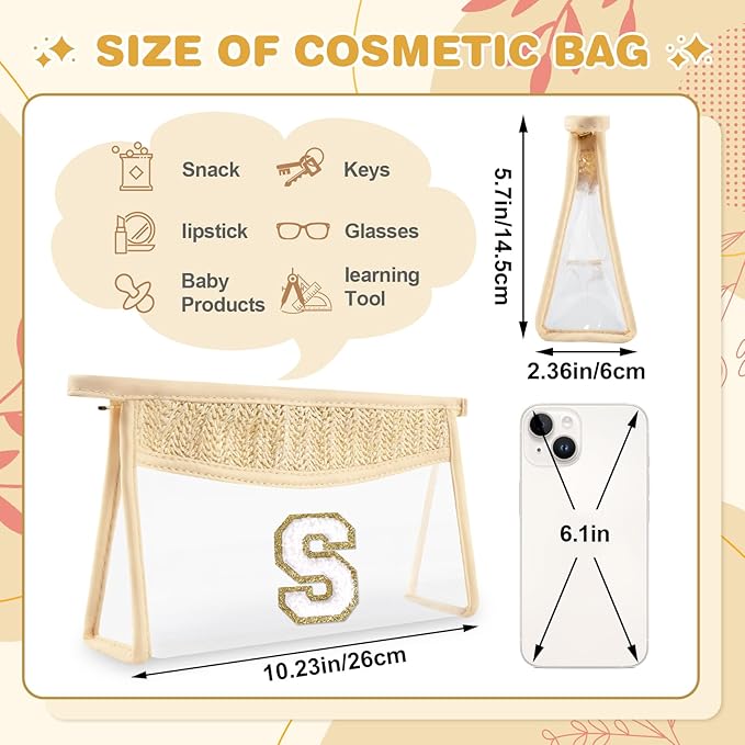 Personalized Initial Letter Bag Boho Straw Clear Makeup Bag,Small Cute Chenille Varsity Letter Bag With Zipper,Beach Travel Toiletry Bag,Portable Monogrammed Cosmetic Bag for Women Girls,S