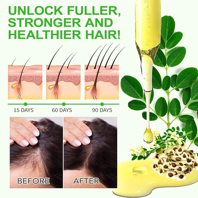 Moringa Oil for Hair 2.02 fl.oz, 100% Natural Premium Organic Cold-Pressed Glass Bottle Moringa Oil, Moringa Seed Oil for Face, Hair & Body Care, Anti-Aging, Nourish Hair, Scalp & Body Massage