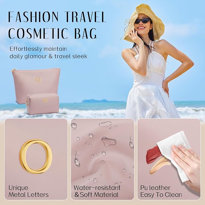 Women Gifts | Initial Makeup Bag Set for Girl Personalized Gifts for Bridesmaid Friend Graduation Teachers PU Leather Cosmetic Travel Toiletry Bag(Pink,O)