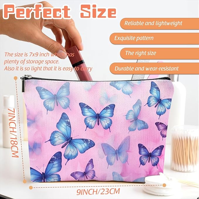 Makeup Bag Travel Cosmetic Bags Small Makeup Case Waterproof Zipper Pouch for Women Girls 7X9inches - Blue And Purple Butterflies on A Pink Background