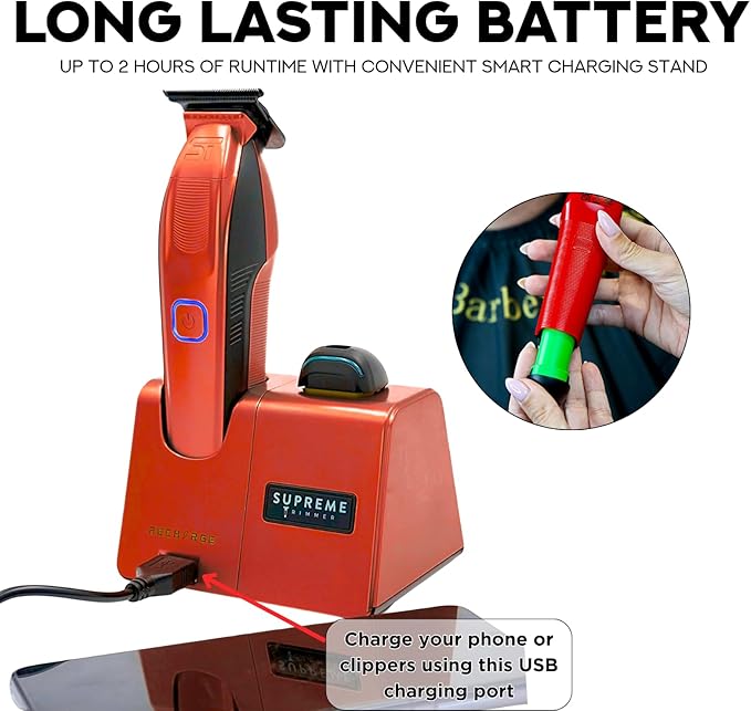 Supreme Trimmer Recharge ST777 – Professional Barber Trimmer with 2 Removable Batteries | 8000 RPM Motor, Zero Gap DLC Blades, Smart Charging Dock, USB-C Fast Charge