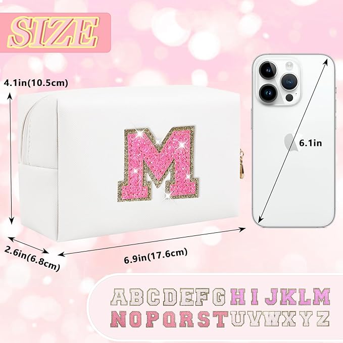 Initial Letter Patch Makeup Bag, Small Preppy A-Z Glitter Letter Cosmetic Bag, PU Leather Waterproof Travel Toiletry Bag, Cute Make Up Pouch Personalized Monogrammed Gift for Women Teen Girls