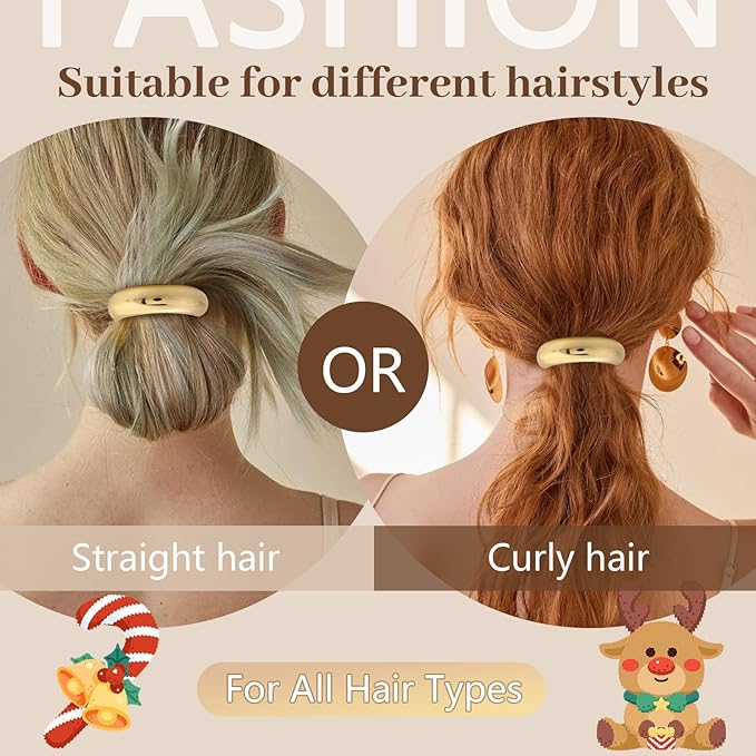 4PCS Gold Hair Ties, Metal Hair Ties for Thick Hair, Elegant Durable Round Geometric Design Hair Cuffs, Gold Hair Accessories for Women, Stretchy Non-Damage Ponytail Holders Christmas Gifts