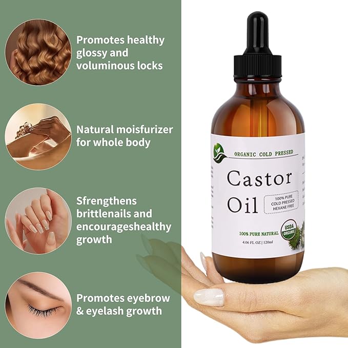 Castor Oil-Castor Oil Organic Cold Pressed Unrefined Glass Bottle-Organic Certified 100% Pure Castor Oil,Hexane Free,Organic Castor Oil for Face,Hair Growth,Eyelashes,Caster 4.23fl.oz/120ml