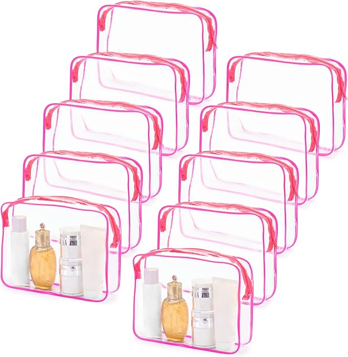 Tbestmax 10 Pack Clear Cosmetic Bags Makeup Bags Portable Waterproof TSA Approved Travel Toiletry Bags Large Organizer Rose Red, 9.8" x 7.1" x 2.4"
