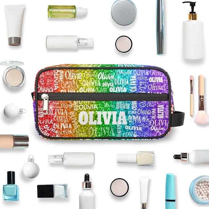 Personalized Name Toiletry Bag, Large Travel Cosmetic Bag Portable Makeup Organizer Bag for Women Bathroom Shower Essentials, Red Green Purple Sequins