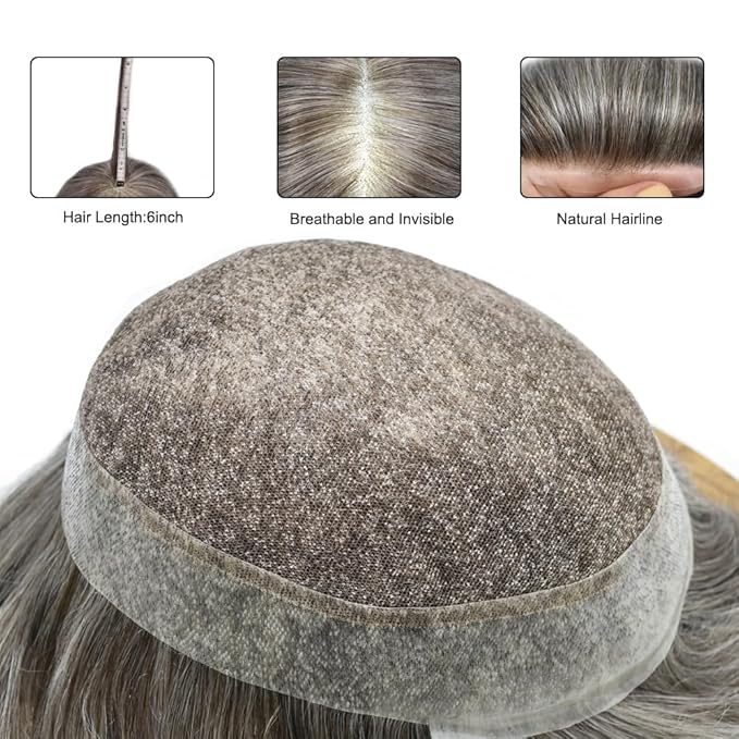 FACE MIRACLE Toupee for Men French Lace Hairpiece Human Hair Replacement System Skin PU Mens Toupee Hair Wigs for Man V-Looped Front Hair Prosthesis 8"X10" #450 4# MEDIUM BROWN WITH 50% SYNTHETIC GREY