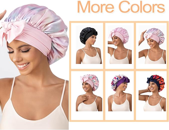 GDTOGRT Satin Silk Bonnet for Sleeping Women - Double Layer Sleep Hair Bonnets Caps for Curly Braid Hair with Tie Band
