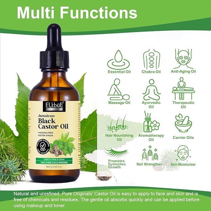 Jamaican Black Castor Oil - for Hair Growth Skin Condition, Eyebrows Eyelashes, Nail Care Grow, Moisturizing Massage Oil for Aromatherapy 2 fl oz