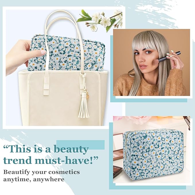 Nylon Large Floral Makeup Organizer Bag, Preppy Big Cute Flower Cosmetic Zipper Pouch Multi-compartment with Dividers, Waterproof Toiletry Makeup Brushes Bag Travel Essentials for Women(Green-Daisy)