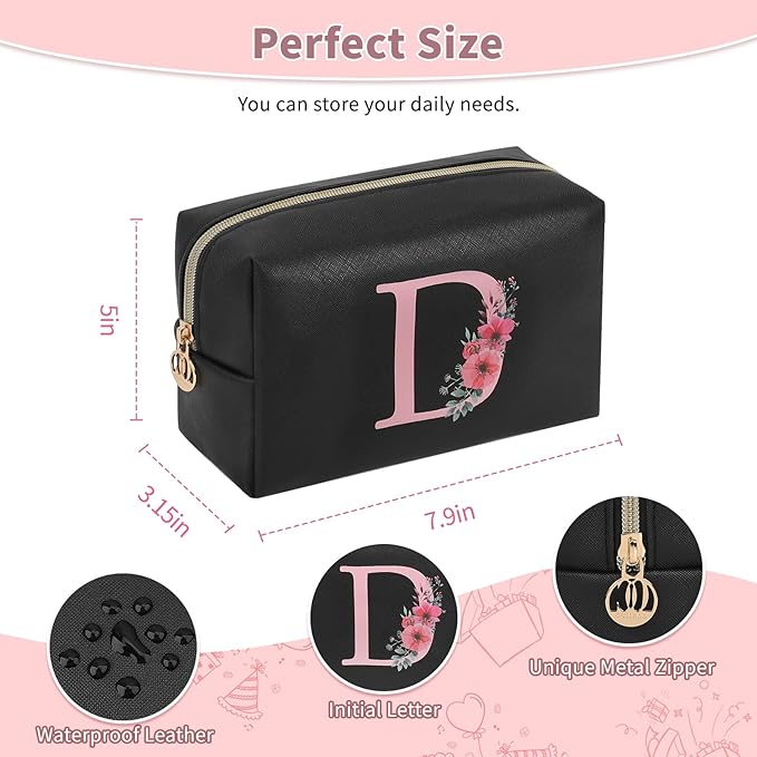 Personalized Initial Makeup Bag, Birthday Gifts for Women and Girls, Small Makeup Pouch Travel Toiletry Bag, Make Up Organizer Bag Gift Trendy Stuff for Friend Mom Teacher, Black