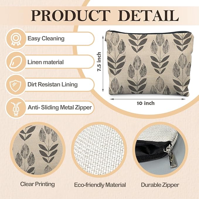 Vintage Boho Beige Floral Makeup Bag, Modern Farmhouse Green Tulip Flower Cosmetic Bags for Women, Contemporary Leaf Botanical Zipper Makeup Pouch