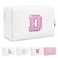 Small Initial Patch Makeup Bag Personalized Gifts Make Up Bag,White Cute PU Leather Glitter Letter Cosmetic Bag with Zipper,Trendy Portable Travel Toiletry Pouch,Preppy Stuff for Teen Girls Women D