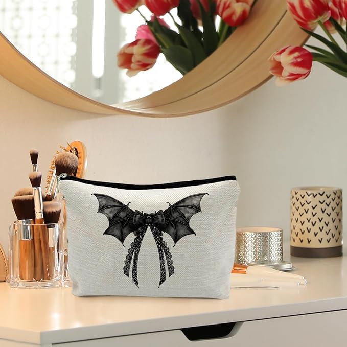 Halloween Coquette Lace Bow Bat Cosmetic Bag - Gothic Black, Girly Makeup Pouch