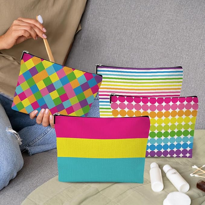 4pcs Colorful Rainbow Makeup Bag, Bright Neon Colors Cosmetic Bag, Christmas Wedding Anniversary Birthday Friendship Gifts for Women Girls Best Friends Bridesmaid Bestie Mom Travel Toiletry Bag