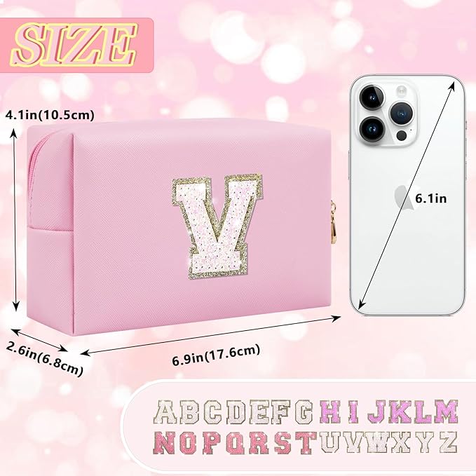 Personalized Initial Letter Patch Makeup Bag, Preppy Glitter Letter Makeup Organizer, Cute Monogrammed Pouch Cosmetic Bag PU Leather Waterproof Travel Toiletry Bag, Gift for Women Teen Girls