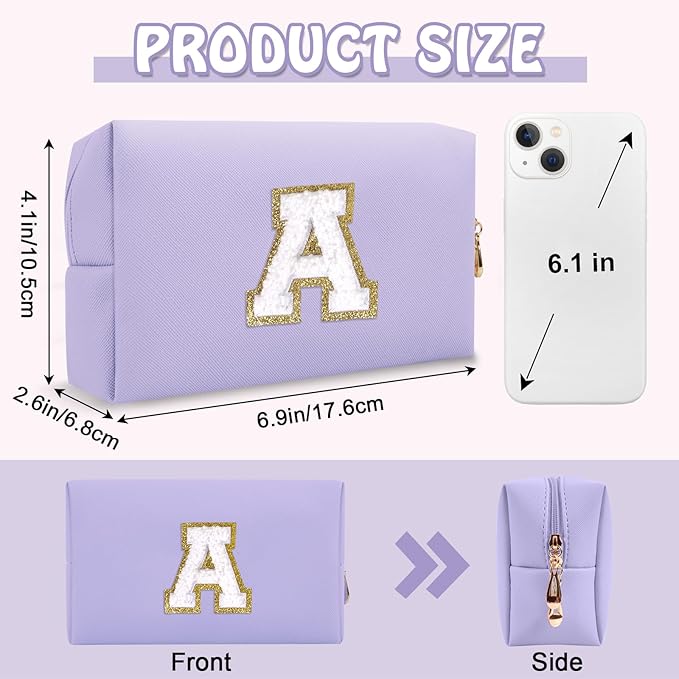 Personalized Initial Preppy Patch Makeup Bag, Small Cute Purple Cosmetic Zipper Pouch Makeup Organizer Travel Toiletry Organizer,Monogram Waterproof PU Chenille Letter Storage Bags for Women(Letter A)