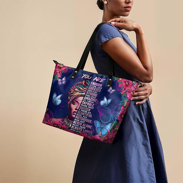 African Black Women's Leather Tote Bag, Large, Premium Vegan Leather, Full Zip, Perfect Christmas Gifts For Women