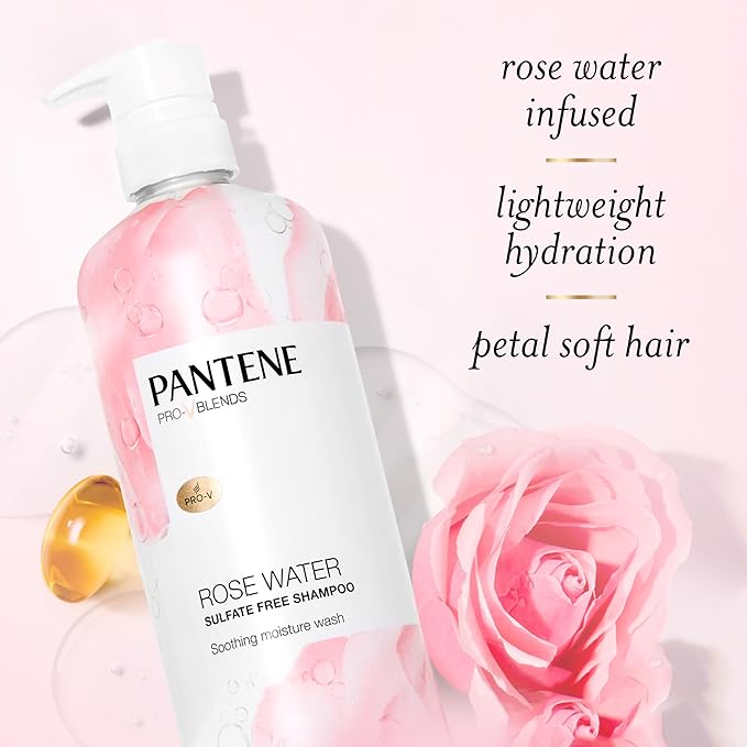 Pantene Sulfate Free Rose Water Shampoo, Soothes, Replenishes Hydration, Safe for Color Treated Hair, Nutrient Infused with Vitamin B5 and Antioxidants, Pro-V Blends, 30.0 oz