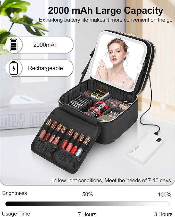 TANTO Travel Makeup Bag with LED Mirror Double Layer Makeup Case with Lighted Mirror Dual Layer Cosmetic Train Case Portable Artist Organizer Bag with Dividers and Rechargeable Vanity (Black, Small)